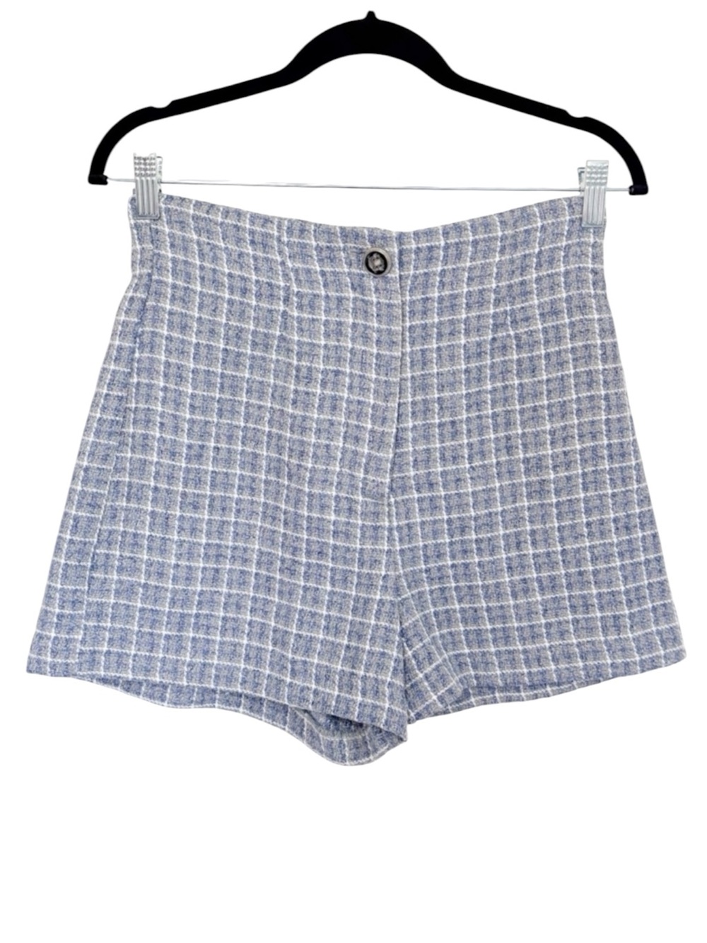 ZARA Blue White Tweed Bouclé High Rise Shorts Preppy Coastal Chic Medium